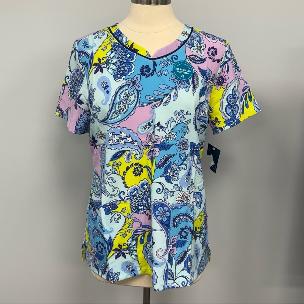 NWT Cherokee Scrub Top M  Multicolor Paisley Persian Floral Scrubs Nurse Uniform